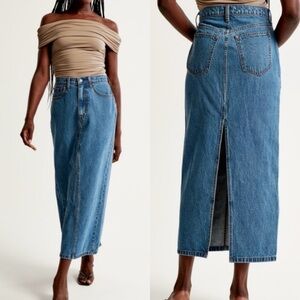 Abercrombie & Fitch High Rise Denim Column Maxi Skirt Size 27 / 4 Blue Back Slit